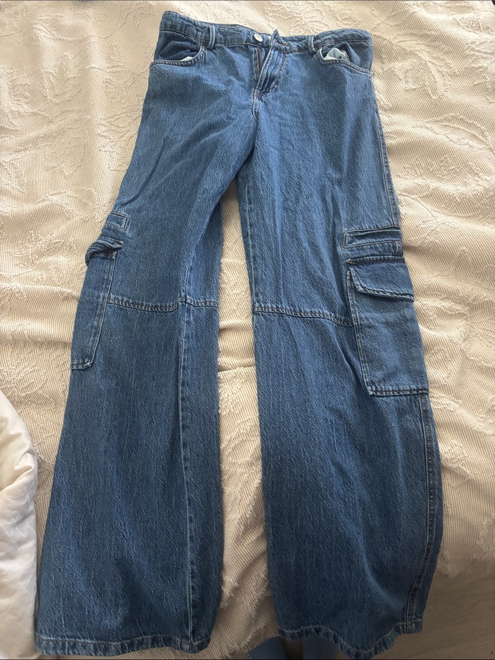 Zara Blue Wide-Leg Flare Cargo Jeans